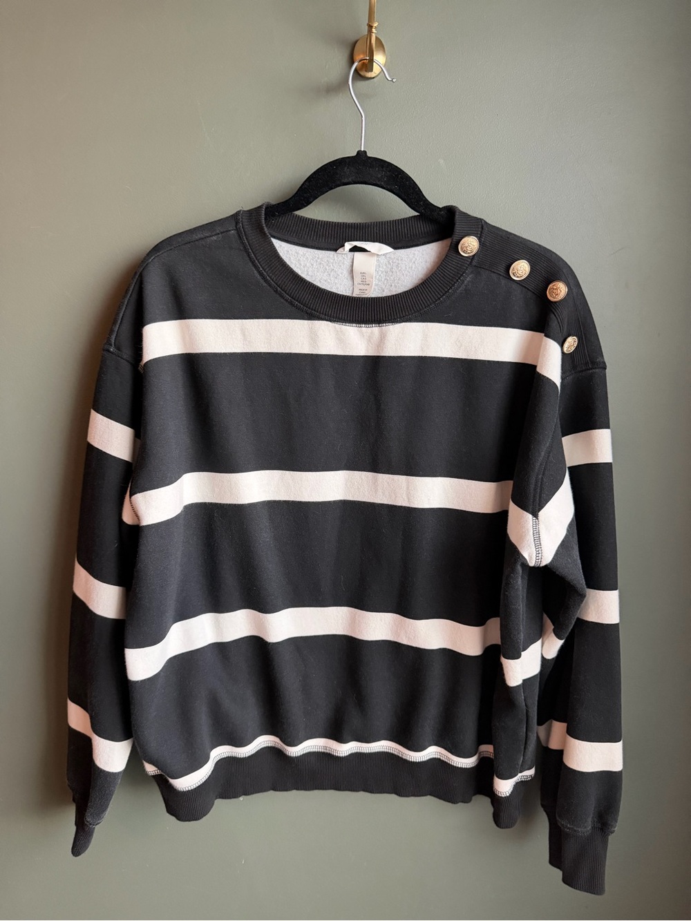 H&M Black & Cream Striped Button-Shoulder Crewneck Sweater